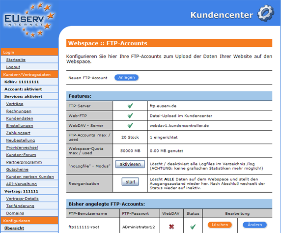 FTP-Account bearbeiten/löschen.